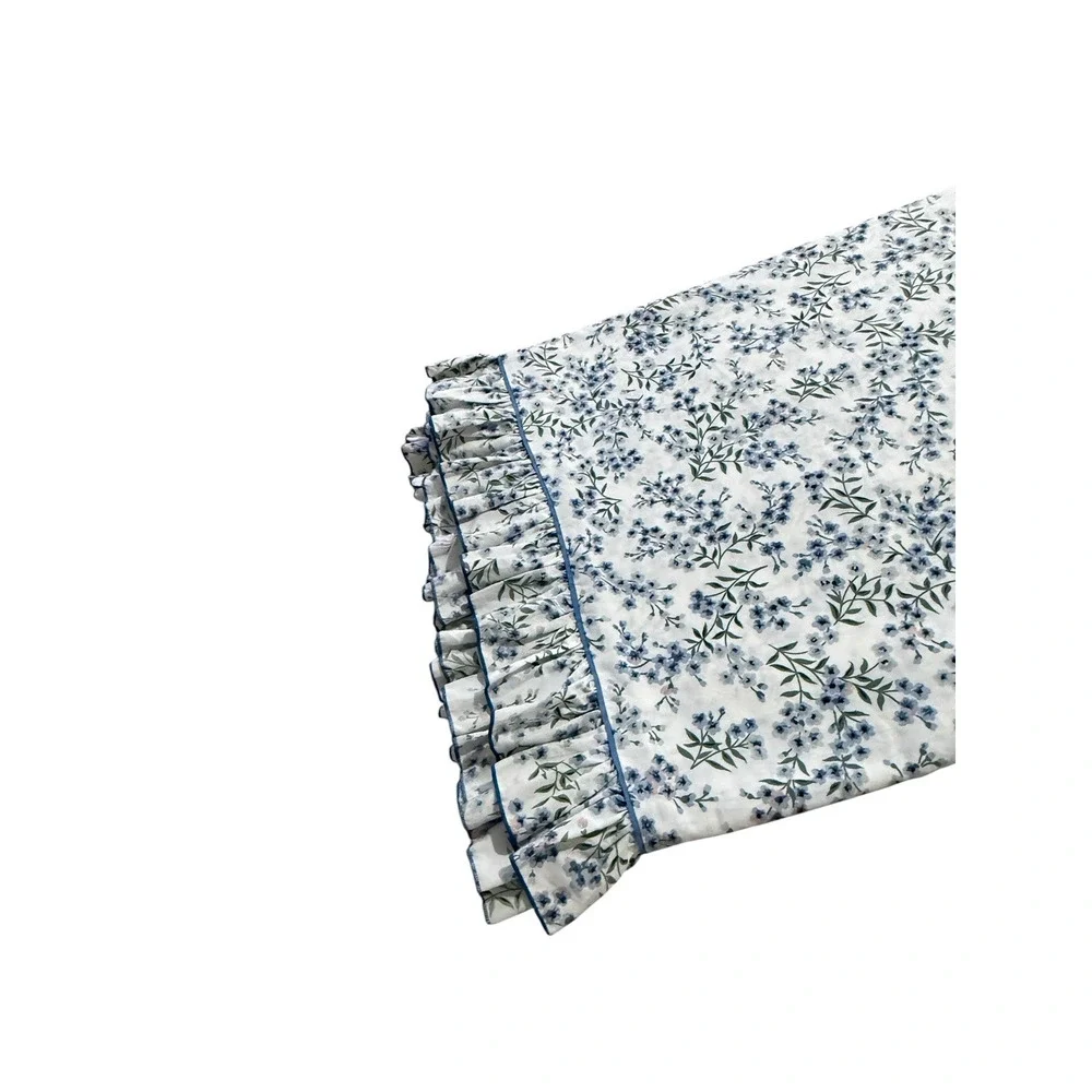 Cannon Vintage Floral Ruffled Flat Sheet Queen Size White Blue Green No Iron